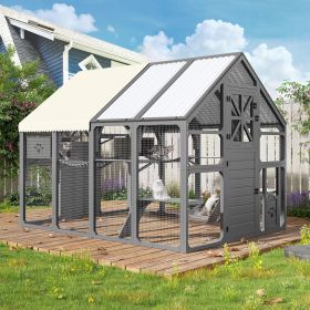 Extra Large Catio Outdoor Cat Enclosure, Walk-in Outdoor Pet House for Multiple Cats, Catio Cat Run Cage with Bridges, PVC Roof, Weatherproof Cover (Cclor: Grey)