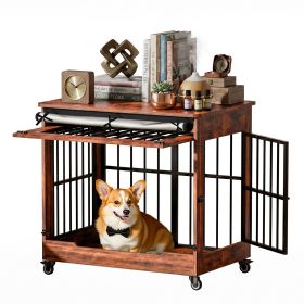 32" Dog Crate Furniture, Double Door Wooden Indoor Dog Kennel Furniture (Color: BROWN)